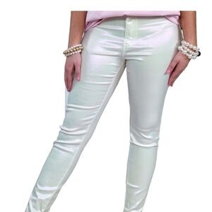 Metallic Disco iridescent cream shimmer high waist jeans. Small. NWOT